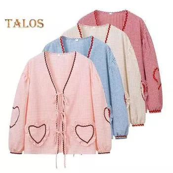 Женская рубашка с v-образным вырезом и длинным рукавом на шнуровке Кардиган Рубашка в клетку с принтом в виде сердца Свободный крой Топы с карманами Уличная одежда L розовый