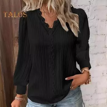 Женская рубашка с v-образным вырезом и кружевной отделкой, пуловер с длинными рукавами, однотонный топ свободного покроя с кружевным декором M белый