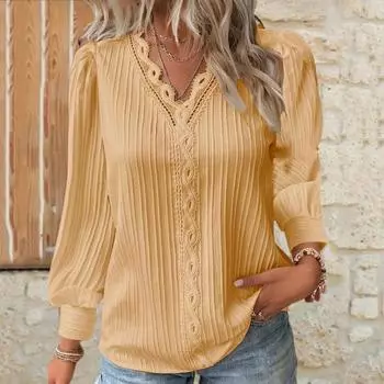 Женская рубашка с v-образным вырезом и кружевной отделкой, пуловер с длинными рукавами, однотонный топ свободного покроя с кружевным декором M белый