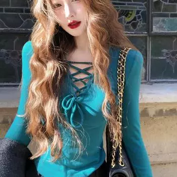Женская рубашка с V-образным вырезом и бретельками, синяя, зеленая, с длинным рукавом, облегающая, женская, пуловер, корейская, горячая, сексуальная одежда для девушек S небесно-голубой