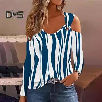 Женская рубашка с v-образным вырезом и цветочным полосатым принтом, металлический обруч, свободный повседневный пуловер с длинными рукавами, женский весенне-осенний топ, блузка S белый/синий