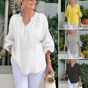 Женская рубашка с V-образным вырезом и эластичным воротником, с длинным рукавом, однотонная, свободная посадка, повседневный стиль, пуловер, топы, повседневная одежда M белый