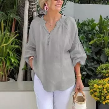 Женская рубашка с V-образным вырезом и эластичным воротником, с длинным рукавом, однотонная, свободная посадка, повседневный стиль, пуловер, топы, повседневная одежда M жёлтый