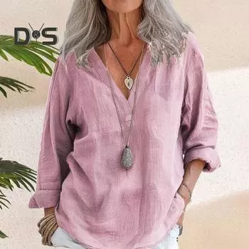 Женская рубашка с V-образным вырезом и длинным рукавом, однотонный пуловер, свободный крой, повседневная футболка для работы, офиса, отпуска, повседневная одежда S флуоресцентный желтый