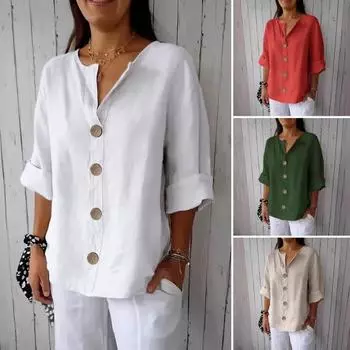 Женская рубашка с V-образным вырезом и рукавом 3/4, свободный крой, пуловер, топы с пуговицами, декор, дышащие повседневные топы, повседневная одежда M белый