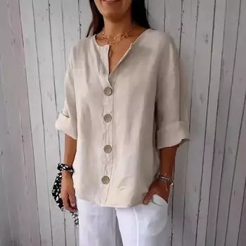Женская рубашка с V-образным вырезом и рукавом 3/4, свободный крой, пуловер, топы с пуговицами, декор, дышащие повседневные топы, повседневная одежда M абрикосовый