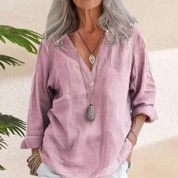 Женская рубашка с V-образным вырезом и длинным рукавом, однотонный пуловер, свободный крой, повседневная футболка для работы, офиса, отпуска, повседневная одежда S флуоресцентный желтый