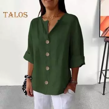 Женская рубашка с V-образным вырезом и рукавом 3/4, свободный крой, пуловер, топы с пуговицами, декор, дышащие повседневные топы, повседневная одежда M зелёный