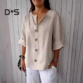 Женская рубашка с V-образным вырезом и рукавом 3/4, свободный крой, пуловер, топы с пуговицами, декор, дышащие повседневные топы, повседневная одежда M красный