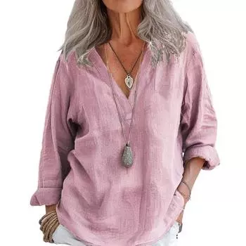 Женская рубашка с V-образным вырезом и длинным рукавом, однотонный пуловер, свободный покрой, повседневный S розовый