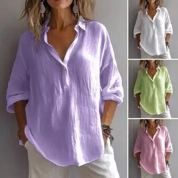 Женская рубашка с V-образным вырезом и рукавом 3/4, однотонный свободный крой, легкая дышащая повседневная блузка на каждый день S зелёный