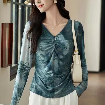 Женская рубашка с V-образным вырезом и сетчатым принтом. Новая модная футболка с длинными рукавами на весну. M