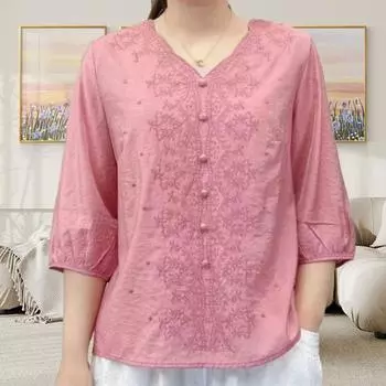Женская рубашка с V-образным вырезом и коротким рукавом, вышитый цветочный узор, свободный крой, однотонная повседневная блузка, повседневная одежда 2XL хаки