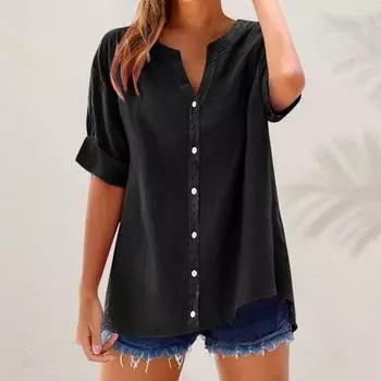 Женская рубашка с V-образным вырезом, коротким рукавом, пуговицами, планкой, рубашка, топы, однотонные M армия зеленый