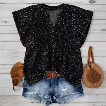 Женская рубашка с V-образным вырезом, оборками и коротким рукавом, пуловер, свободный крой, повседневные топы с принтом в горошек, для работы, офиса, отпуска, повседневная одежда S чёрный