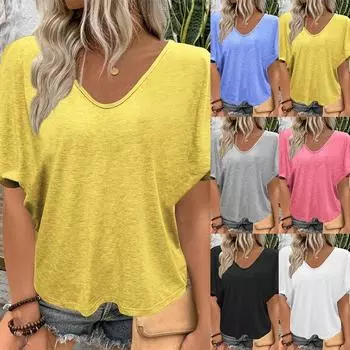 Женская рубашка с V-образным вырезом, плиссированная футболка, свободный крой, короткие рукава S красный