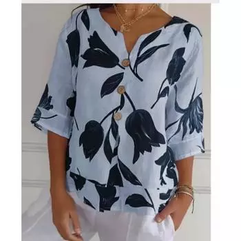 Женская рубашка с V-образным вырезом, повседневная свободная блузка с цветочным принтом, весенне-летние топы S белый