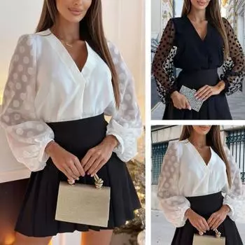 Женская рубашка с v-образным вырезом, прозрачная сетчатая лоскутная блузка с длинными рукавами и точечным принтом, мягкая дышащая однотонная блузка OL для поездок на работу, весна-осень M чёрный