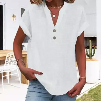 Женская рубашка с V-образным вырезом, пуговицами, рукавами-крылышками, туника, повседневный классический стиль, однотонный пуловер, топы на каждый день S небесно-голубой