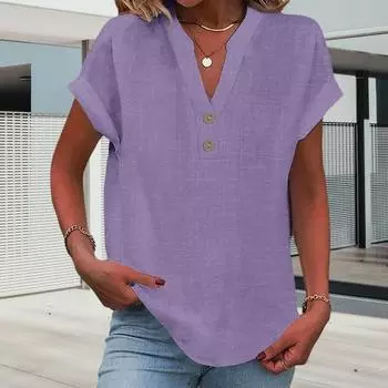 Женская рубашка с V-образным вырезом, пуговицами, рукавами-крылышками, туника, повседневный классический стиль, однотонный пуловер, топы на каждый день S небесно-голубой