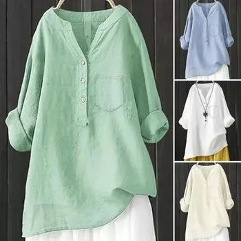 Женская рубашка с V-образным вырезом, пуговицами, рукавом 3/4, однотонные свободные топы оверсайз, повседневная одежда M бежевый