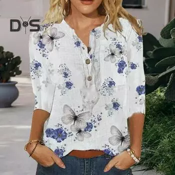 Женская рубашка с V-образным вырезом, пуговицами, полузастежкой, коротким рукавом, топом, цветочным принтом в виде бабочек, легкая дышащая рубашка XXL белый