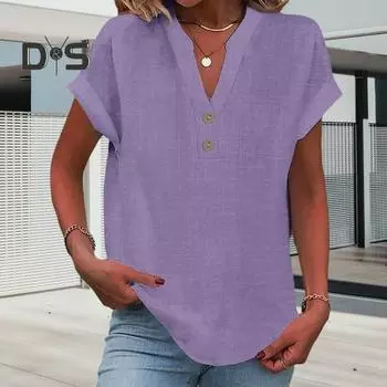 Женская рубашка с V-образным вырезом, пуговицами, рукавами-крылышками, туника, повседневный классический стиль, однотонный пуловер, топы на каждый день S небесно-голубой