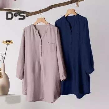 Женская рубашка с V-образным вырезом, пуговицами, полузастежкой, длинным рукавом, свободный крой, повседневная рубашка, однотонная рубашка средней длины M темно-синий