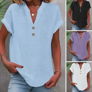 Женская рубашка с V-образным вырезом, пуговицами, рукавами-крылышками, туника, повседневный классический стиль, однотонный пуловер, топы на каждый день S чёрный