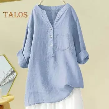 Женская рубашка с V-образным вырезом, пуговицами, рукавом 3/4, однотонные свободные топы оверсайз, повседневная одежда M белый