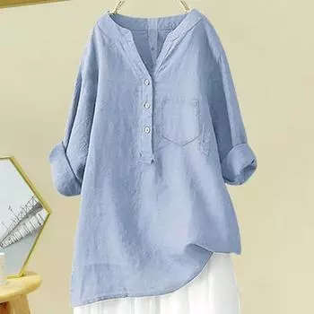 Женская рубашка с V-образным вырезом, пуговицами, рукавом 3/4, однотонные свободные топы оверсайз, повседневная одежда XL бежевый