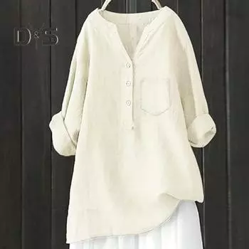 Женская рубашка с V-образным вырезом, пуговицами, рукавом 3/4, однотонные свободные топы оверсайз, повседневная одежда M светло-синий