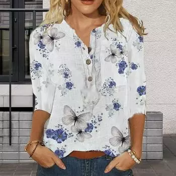 Женская рубашка с V-образным вырезом, пуговицами, полузастежкой, коротким рукавом, топом, цветочным принтом в виде бабочек, легкая дышащая рубашка XL белый