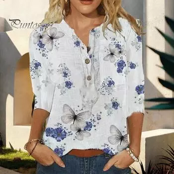 Женская рубашка с V-образным вырезом, пуговицами, полузастежкой, коротким рукавом, топом, цветочным принтом в виде бабочек, легкая дышащая рубашка S белый