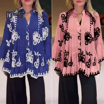 Женская рубашка с v-образным вырезом, расклешенная рубашка с длинными рукавами, топы с рюшами, однобортная рубашка с дизайнерским принтом L розовый