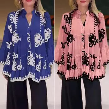 Женская рубашка с v-образным вырезом, расклешенная рубашка с длинными рукавами, топы с рюшами, однобортная рубашка с дизайнерским принтом L розовый