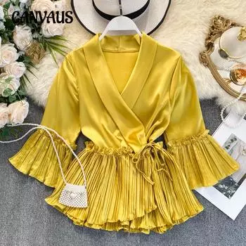 Женская рубашка с V-образным вырезом, расклешенными рукавами, завязками на талии, оборками, цельная рубашка one size белый