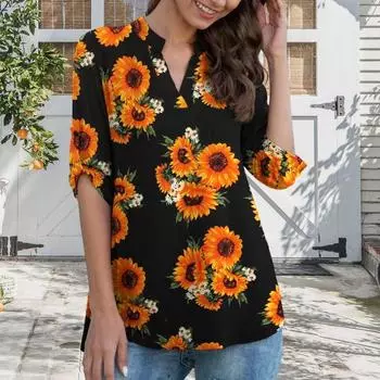 Женская рубашка с V-образным вырезом, рукавами 3/4, легкие топы с цветочным принтом, струящийся подол, туника, топы на каждый день XXXL B