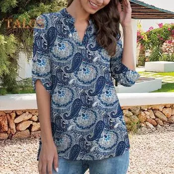 Женская рубашка с V-образным вырезом, рукавами 3/4, легкие топы с цветочным принтом, струящийся подол, туника, топы на каждый день XXXXL G