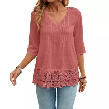 Женская рубашка с V-образным вырезом, рукавом 3/4, повседневная, с кружевной вставкой на подоле, жаккардовым декором, однотонная, дышащая S розовый
