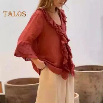 Женская рубашка с V-образным вырезом, рукавом 3/4, оборкой, стежкой, однотонный пуловер, свободный крой, повседневная блузка, повседневная одежда XXXL красный