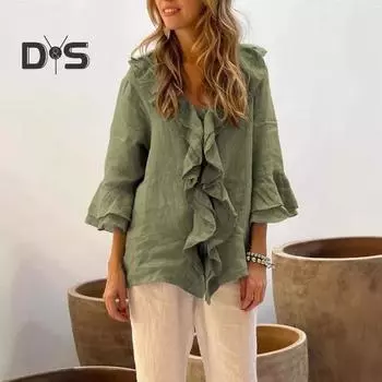 Женская рубашка с V-образным вырезом, рукавом 3/4, оборкой, стежкой, однотонный пуловер, свободный крой, повседневная блузка, повседневная одежда XXXL красный