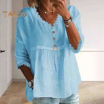 Женская рубашка с V-образным вырезом, рукавом 3/4, свободный крой, кружевные топы, однотонная свободная дышащая повседневная рубашка S небесно-голубой