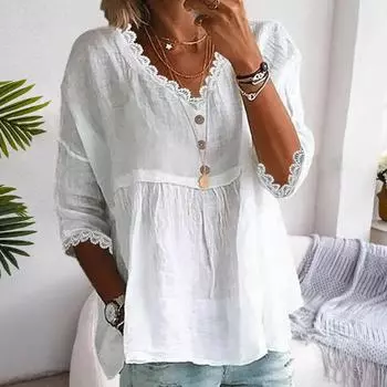 Женская рубашка с V-образным вырезом, рукавом 3/4, свободный крой, кружевные топы, однотонная свободная дышащая повседневная рубашка S белый
