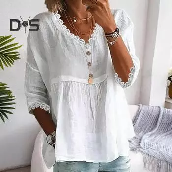 Женская рубашка с V-образным вырезом, рукавом 3/4, свободный крой, кружевные топы, однотонная свободная дышащая повседневная рубашка S белый
