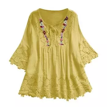 Женская рубашка с V-образным вырезом, шнуровкой, рукавами до локтя, пуловер, однотонная, свободного кроя, с вышивкой, кружевом, цветочной аппликацией. 4XL жёлтый