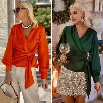 Женская рубашка с V-образным вырезом, шнуровкой сбоку, фонарь, длинный рукав, пуловер, топы, однотонный рабочий S темно-зеленого