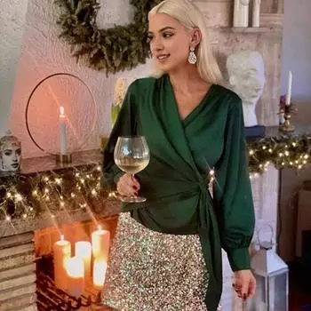 Женская рубашка с V-образным вырезом, шнуровкой сбоку, фонарь, длинный рукав, пуловер, топы, однотонная рабочая повседневная блузка, повседневная одежда S темно-зеленого