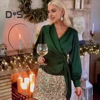 Женская рубашка с V-образным вырезом, шнуровкой сбоку, фонарь, длинный рукав, пуловер, топы, однотонная рабочая повседневная блузка, повседневная одежда S темно-зеленого