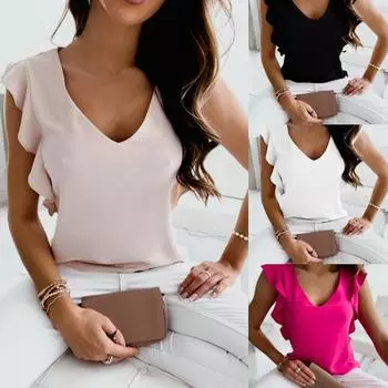 Женская рубашка с v-образным вырезом, стильный простой крутой пуловер с рукавами с рюшами, топ L белый